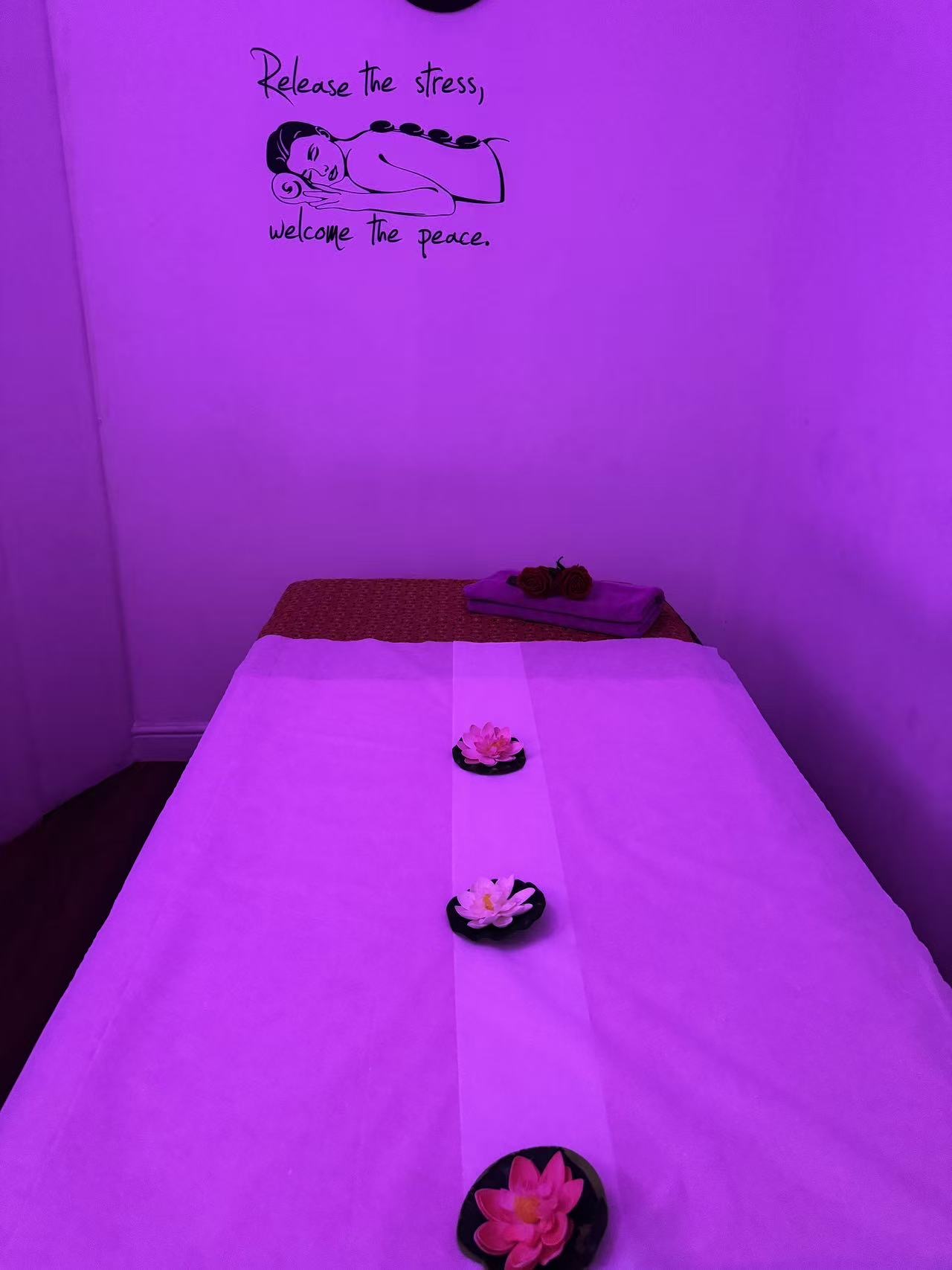 Peaceful room with calming purple lighting